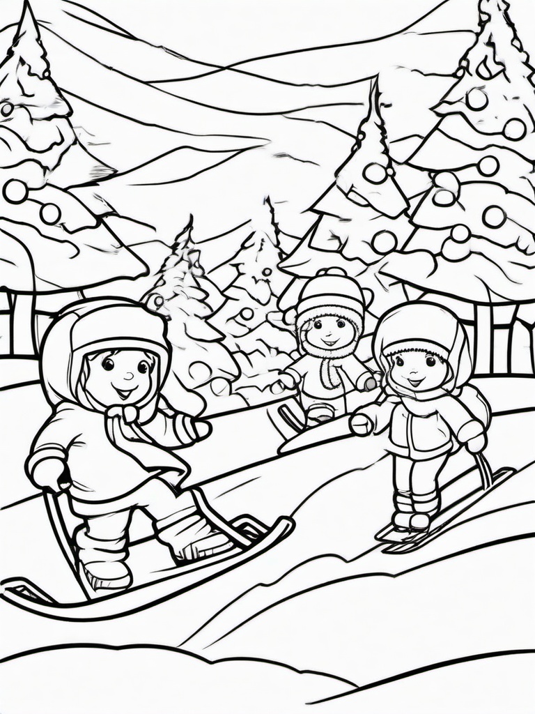 Winter Fun with Friends Coloring Pages - Snowball Fights and Sledding with Friends  minimal black outline printable sheet, coloring page