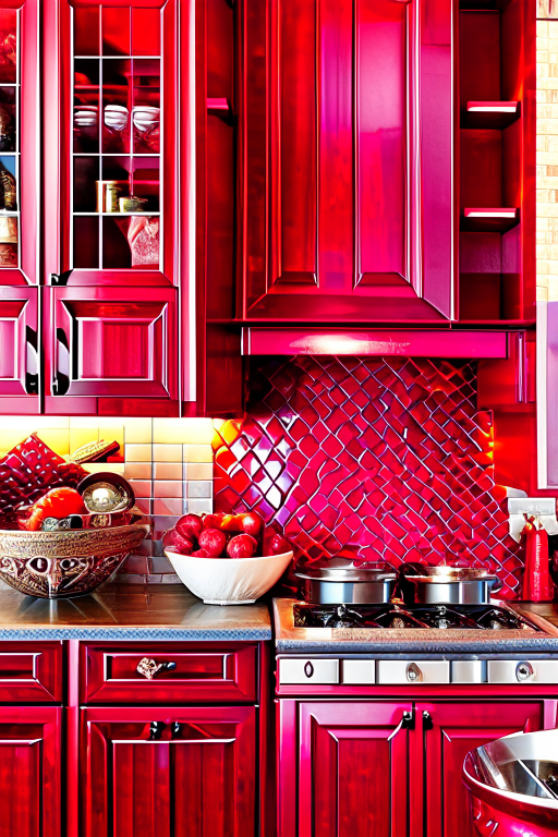 dragon's lair kitchen with dragon scale backsplash and fiery red accents. 