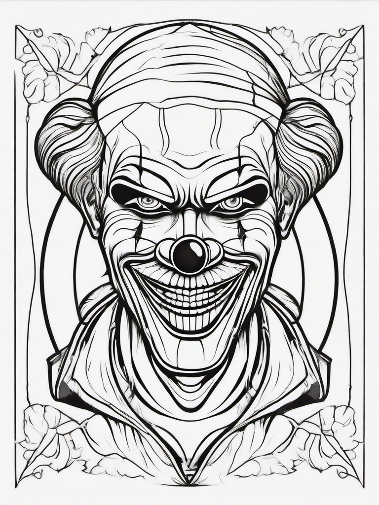 Creepy Clown Coloring Pages - Scary Circus Performer in Makeup  minimal black outline printable sheet, coloring page