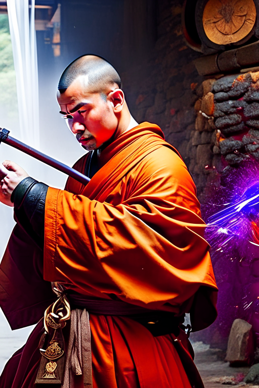 disciplined monk mastering martial arts, achieving inner peace through combat. 
