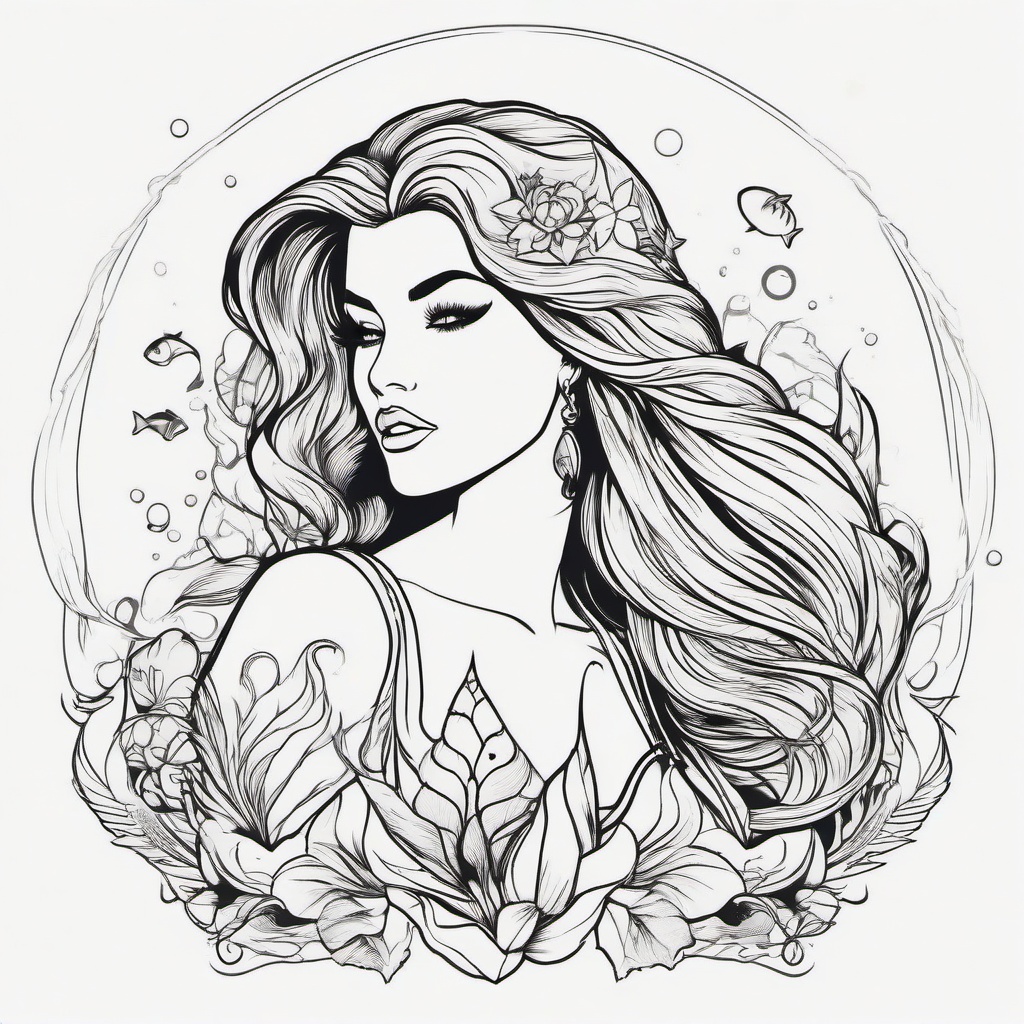 Little Mermaid with Tattoos - Give a rebellious twist to the Little Mermaid with tattoos in your tattoo design.  simple vector color tattoo,minimal,white background