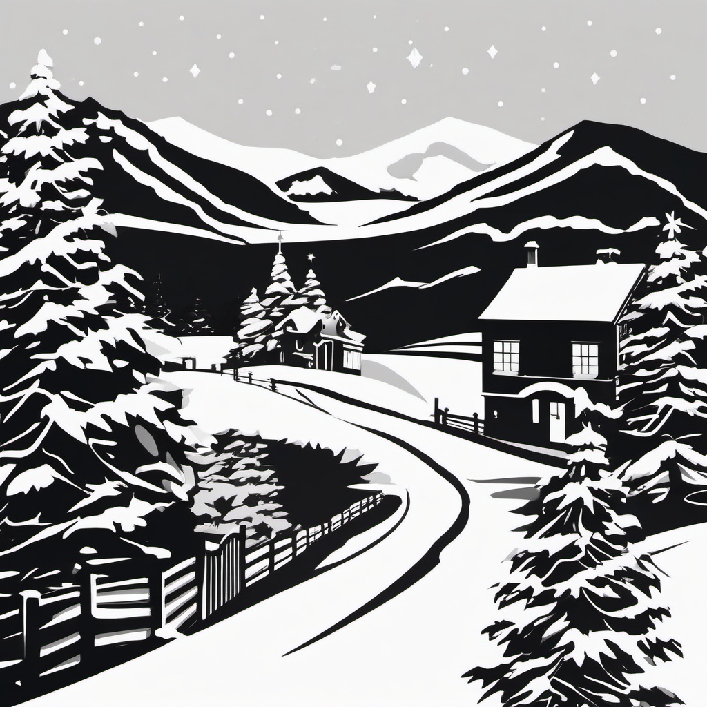 Christmas Clipart Black and White,Illustrating a classic black and white holiday scene  simple, 2d flat