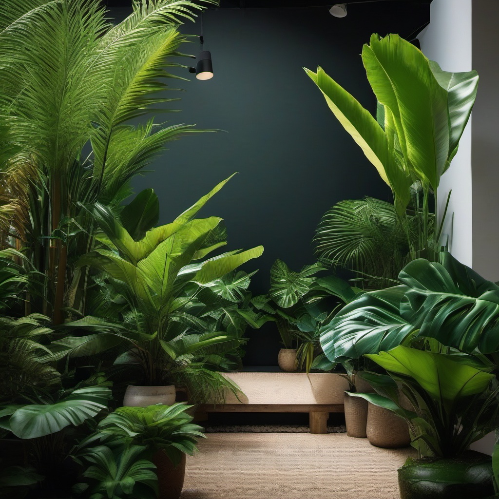 Modern Tropical Jungle - Create a modern garden with a lush tropical jungle theme. realistic, professional photography, bokeh, natural lighting, canon lens, shot on dslr 64 megapixels sharp focus