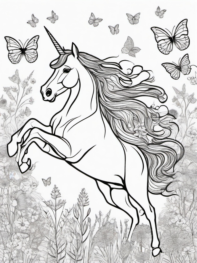 Unicorn and Butterflies Coloring Pages - Magical Scene with Fluttering Creatures  minimal black outline printable sheet, coloring page