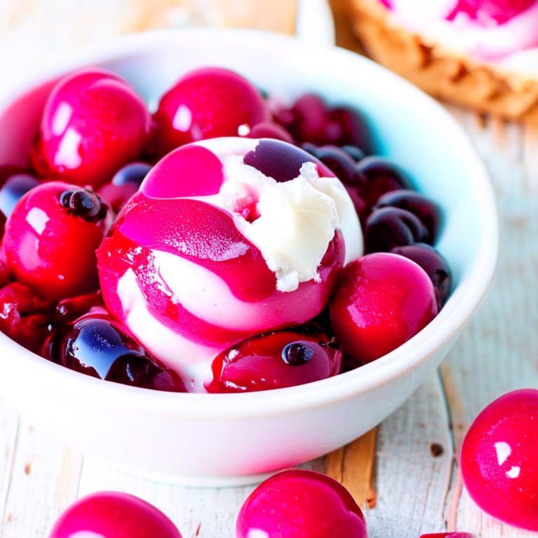 a scoop of creamy cherry vanilla ice cream, with swirls of sweet cherry sauce. 