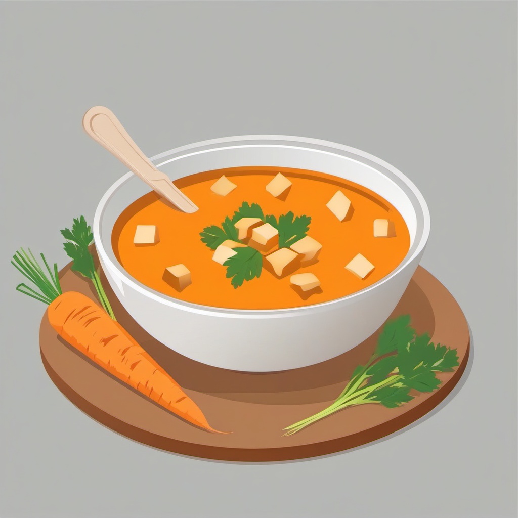 Carrot Soup and Croutons Clipart - A bowl of carrot soup with croutons on top.  color vector clipart, minimal style