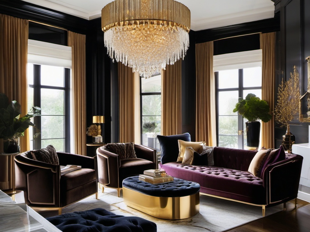 Hollywood Regency living room exudes glamour with velvet furniture, gold accents, and a dramatic chandelier for a luxurious space.  