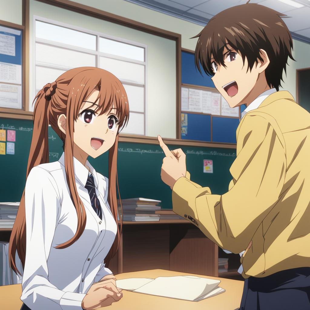 taiga aisaka and ryuuji takasu exchange bickering banter in their high school classroom. 