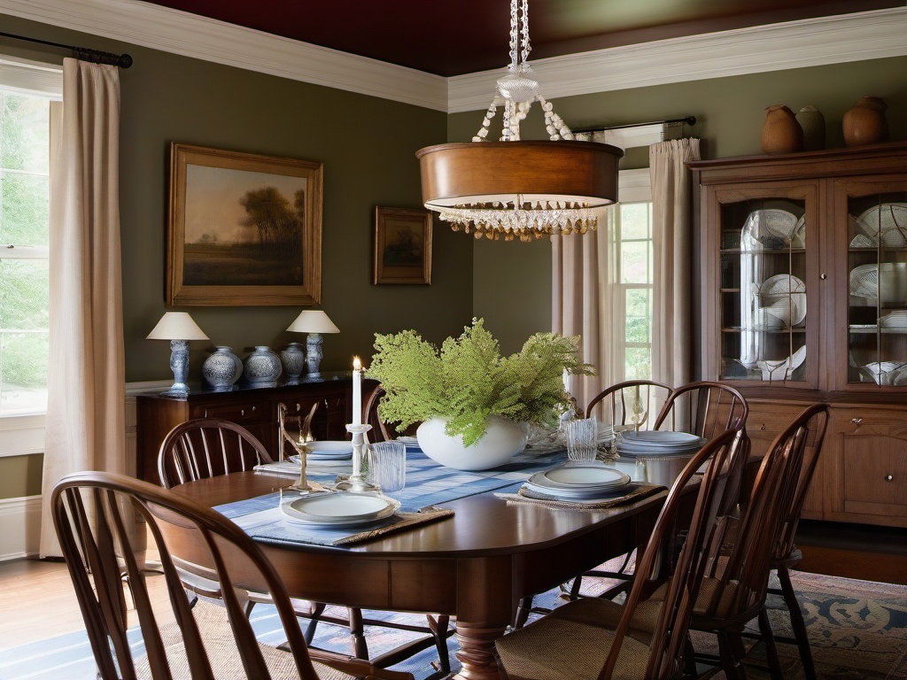 The dining room embodies American Colonial interior design with a large dining table, Windsor chairs, and a beautiful sideboard that fosters a warm and inviting setting for family meals.  