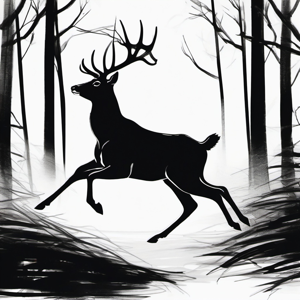 drawing of a deer running through the woods  minimal rough sketch scribbles,doodles,black and white