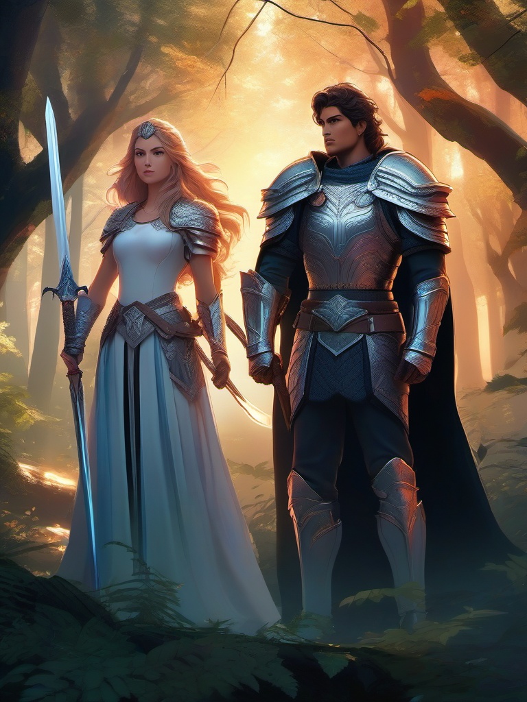 Warrior princess and valiant prince, wielding gleaming swords, standing valiantly in a mystical forest, defending their realm from dark forces, as a matching pfp for couples. wide shot, cool anime color style