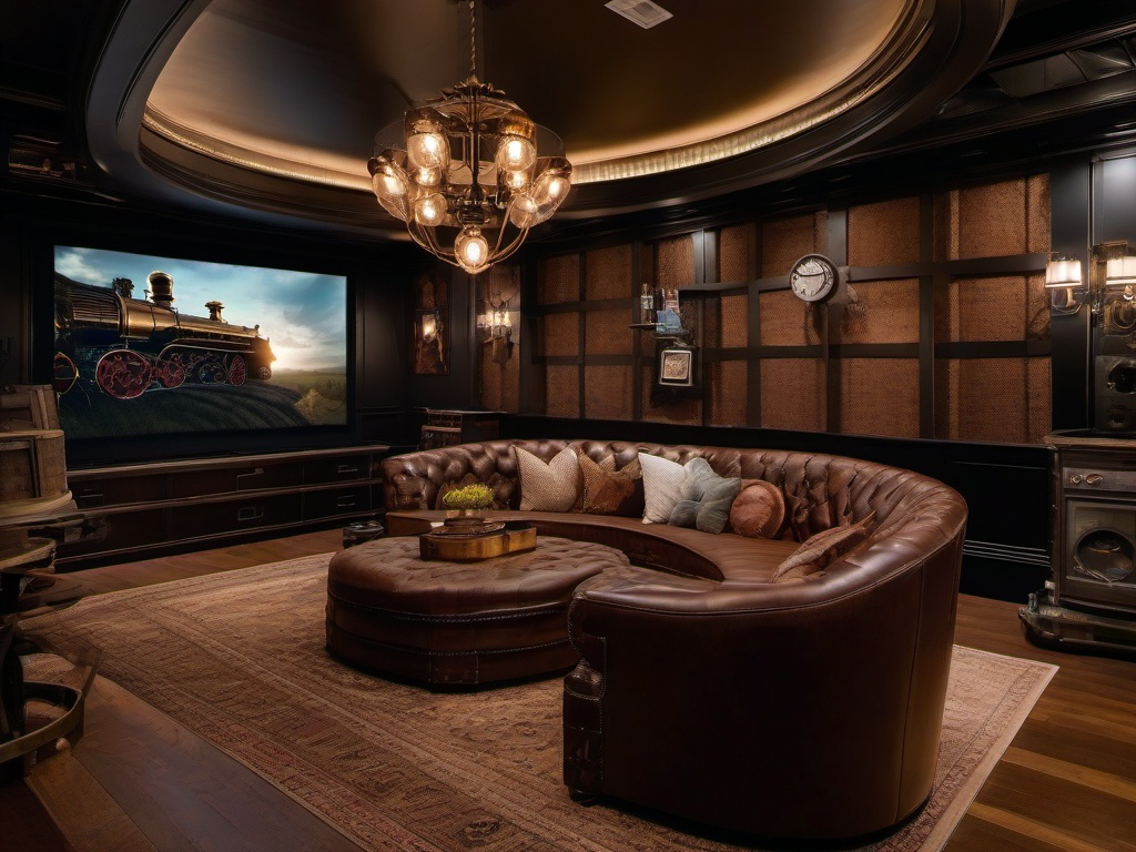 A media room designed with steampunk interior design features plush seating, vintage decor, and whimsical lighting that enhances the cinematic experience in a quirky environment.  