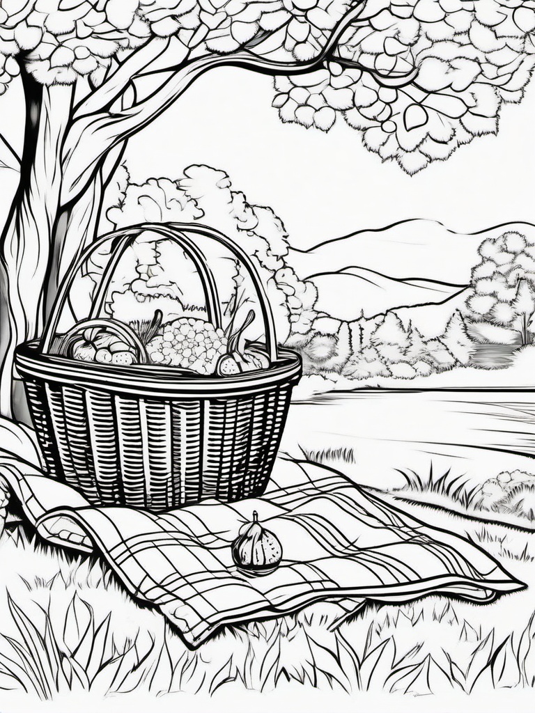 Picnic scene with a blanket, basket, and food items  simple coloring pages