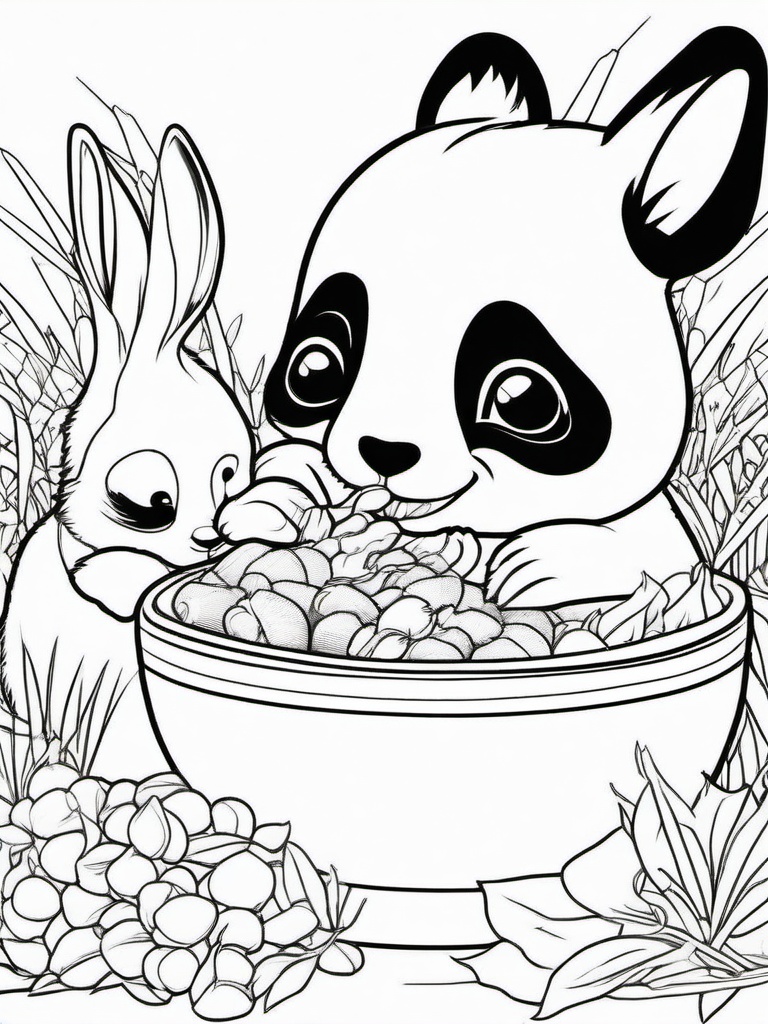 Panda Coloring Pages - Panda and a rabbit sharing a meal  simple coloring pages