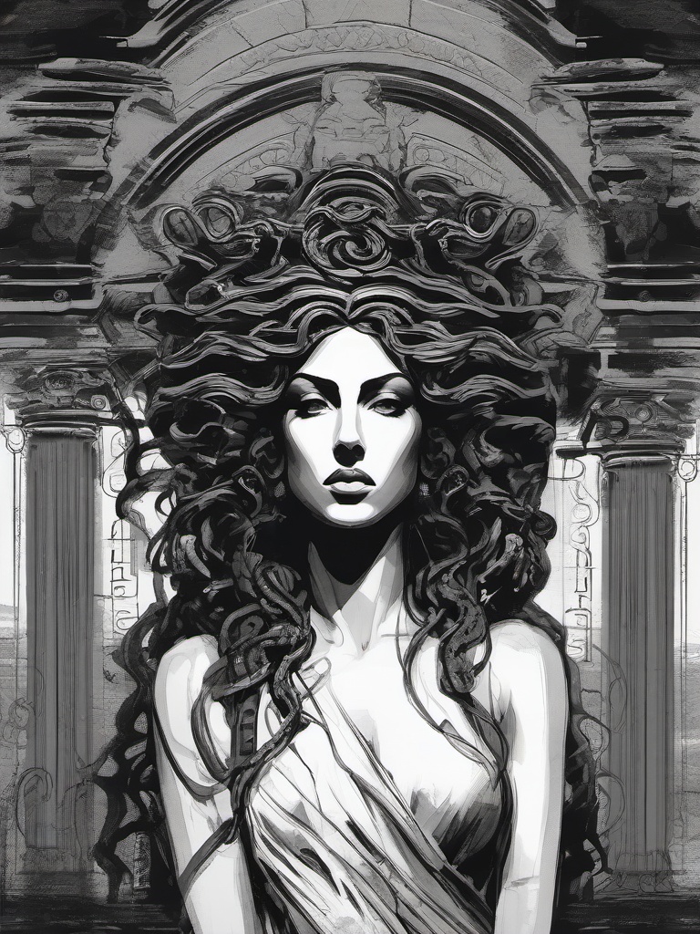 drawing of Medusa in a dark, ancient temple  minimal rough sketch scribbles,doodles,black and white