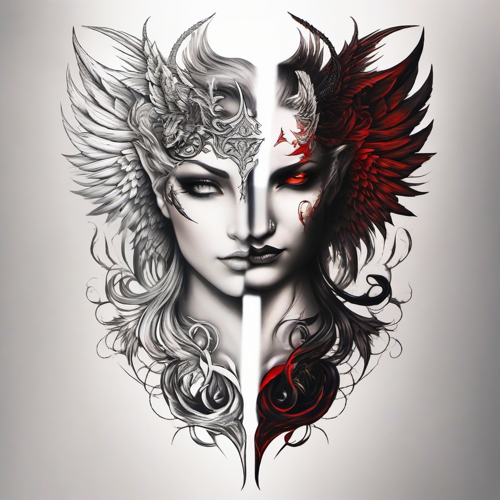Half Angel Half Demon Tattoo-Intriguing and symbolic tattoo featuring both angel and demon elements, capturing themes of duality and balance.  simple color tattoo,white background