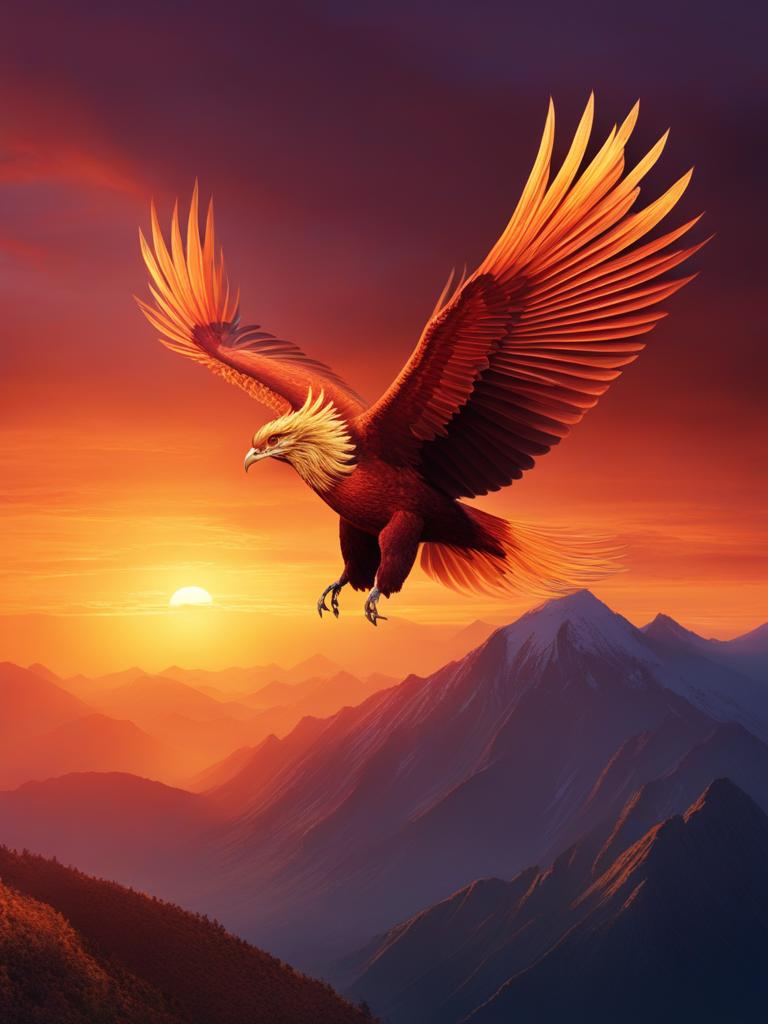 majestic phoenix soaring high above a breathtaking mountain range at sunrise. 