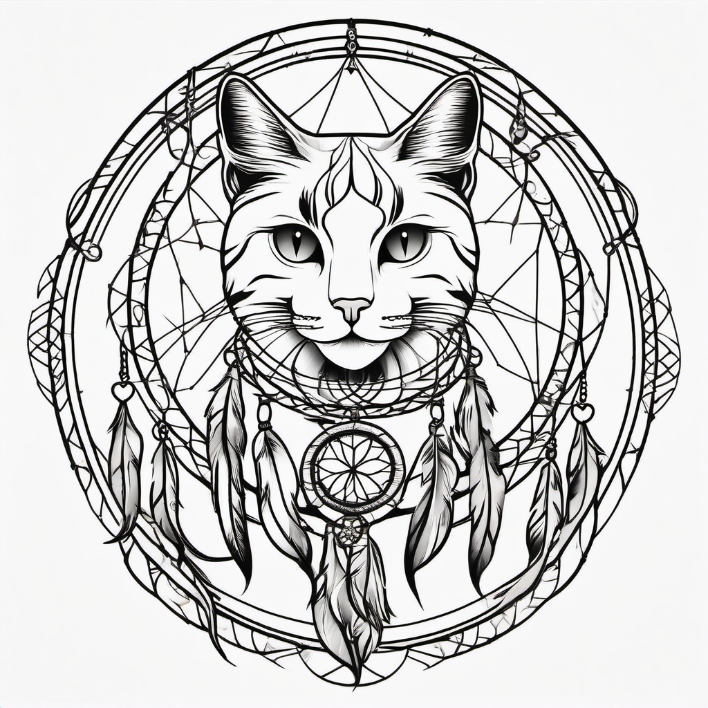 Cat Dream Catcher Tattoo - Tattoo combining a dream catcher with cat motifs.  simple vector tattoo,minimalist,white background