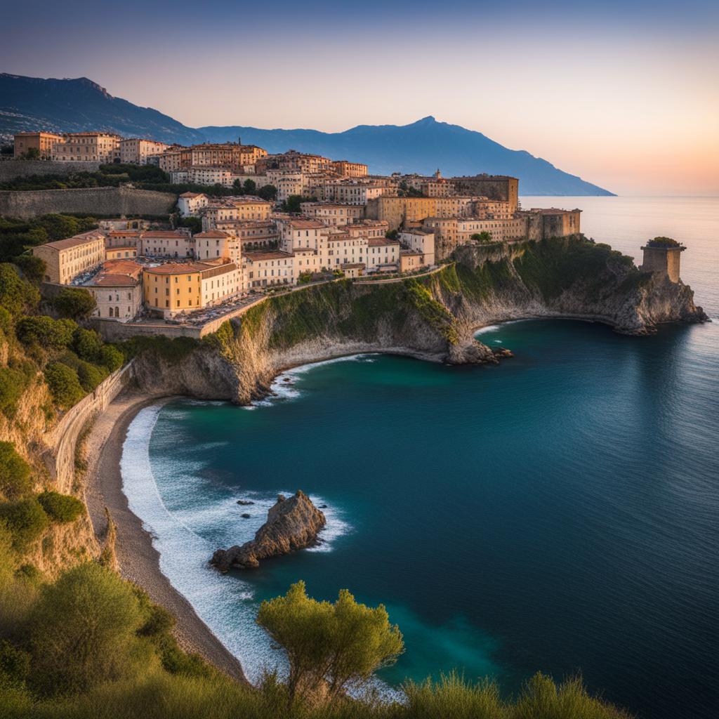 campania's lesser-known coast - create an artwork that captures the lesser-known coastal landscapes of campania, with rugged cliffs and hidden beaches. 