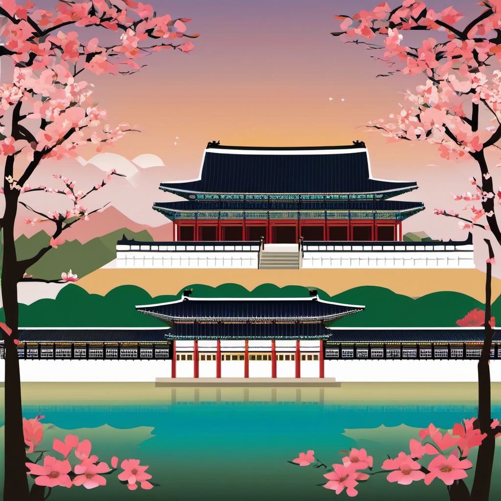 Seoul clipart - Gyeongbokgung Palace and Seoul skyline,  color vector clipart