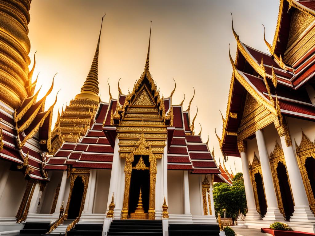 thai temples, with intricate gables, gleam under the thai sun in bangkok, thailand. 