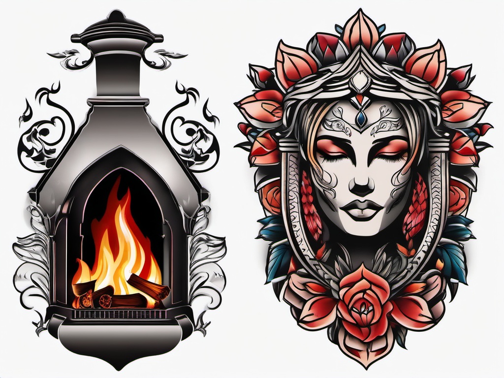 fireplace tattoo  simple color tattoo,white background