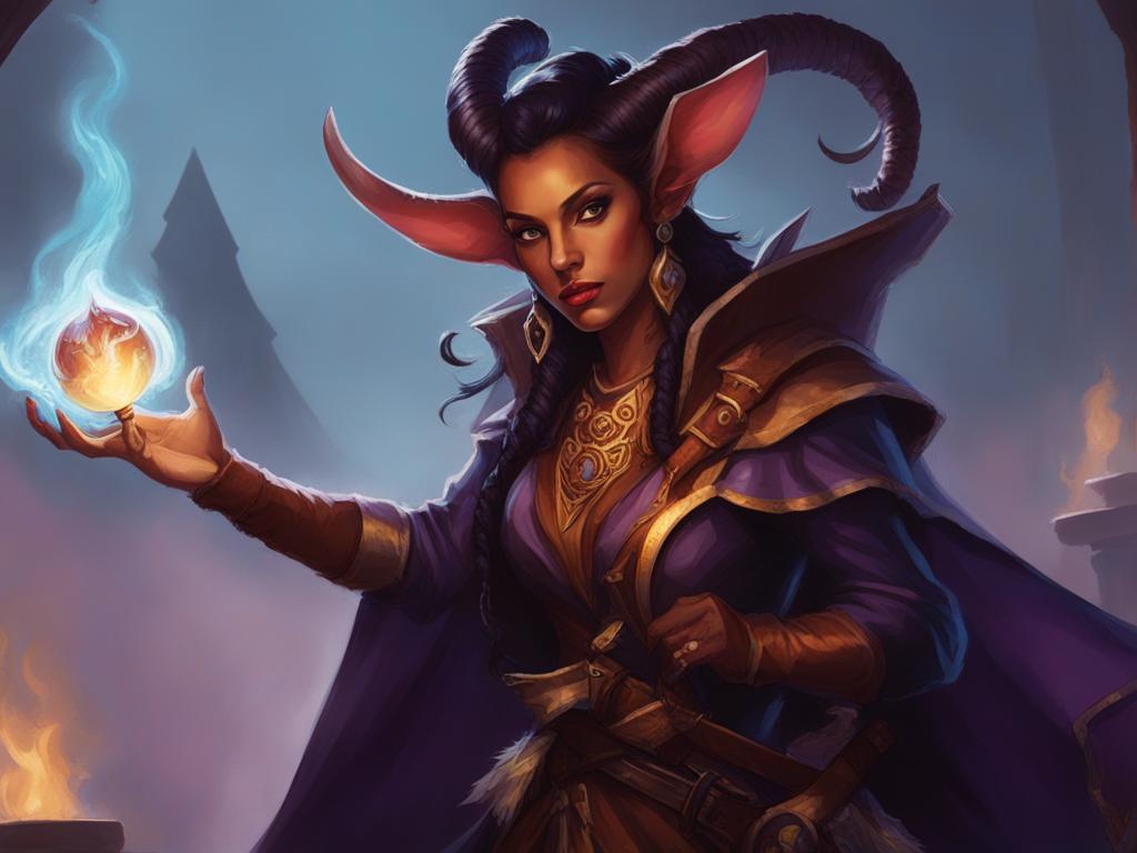 tiefling warlock with fey pact - paint a tiefling warlock bound by a pact with the fey, wielding whimsical and unpredictable magic. 