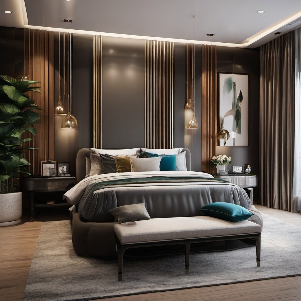 Elegant Modern Bedroom - Create an elegant and luxurious modern bedroom. , bedroom interior decor design ideas, multicoloured, photo realistic, hyper detail, high resolution,