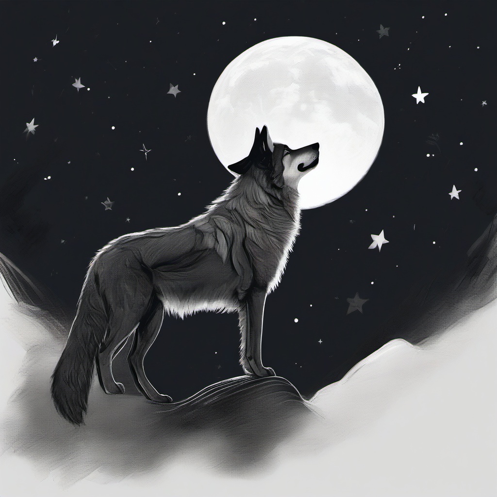 drawing of a wolf in night sky  minimal rough sketch scribbles,doodles,black and white