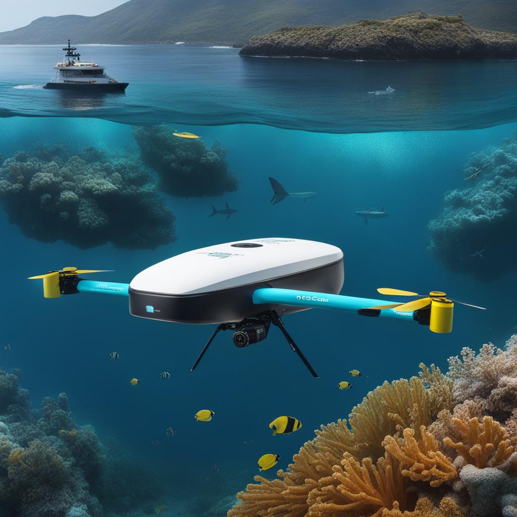 ocean-cleaning drones, removing plastic waste from oceans to protect marine life. 