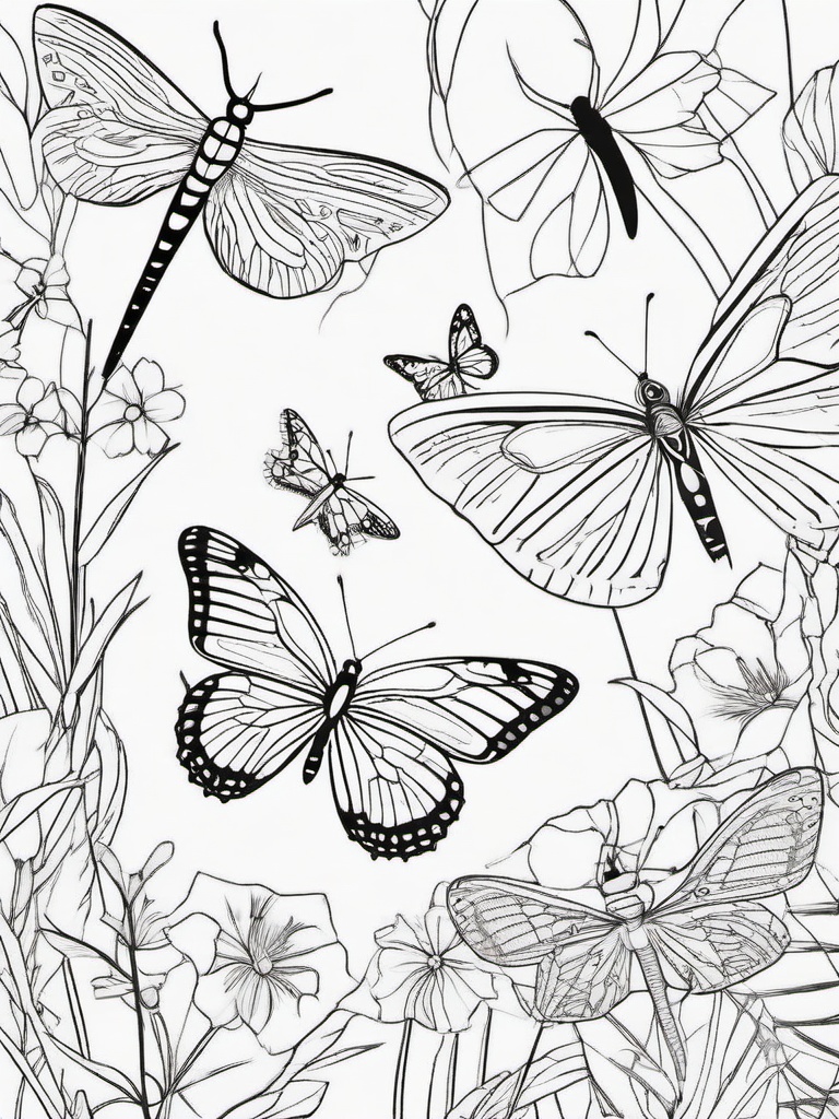 Butterflies and Dragonflies Coloring Pages - Beautiful Insects Together in Nature  minimal black outline printable sheet, coloring page