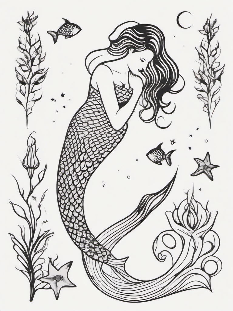 Minimalist Small Mermaid Tattoos - Embrace simplicity with small and minimalist mermaid-themed tattoo designs.  simple vector color tattoo,minimal,white background