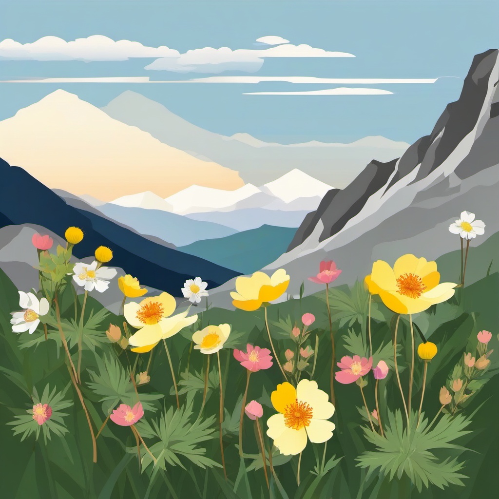 Alpine Avens Clip Art - Alpine avens blossoms in rocky alpine terrains,  color vector clipart, minimal style