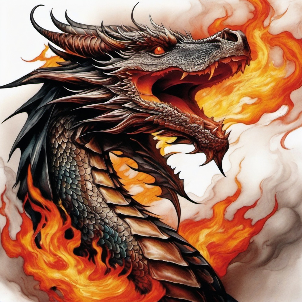 dragon on fire tattoo  simple color tattoo,white background