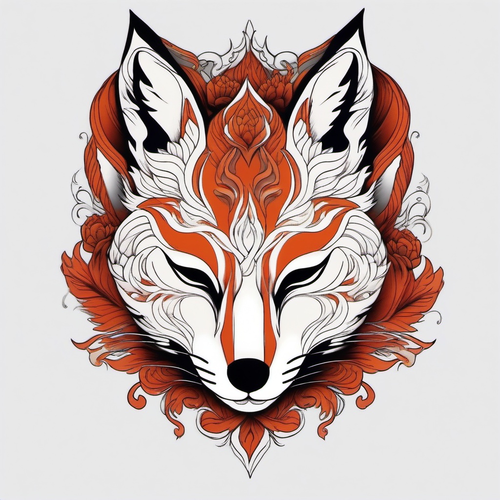 kitsune fox mask tattoo  simple color tattoo,white background,minimal