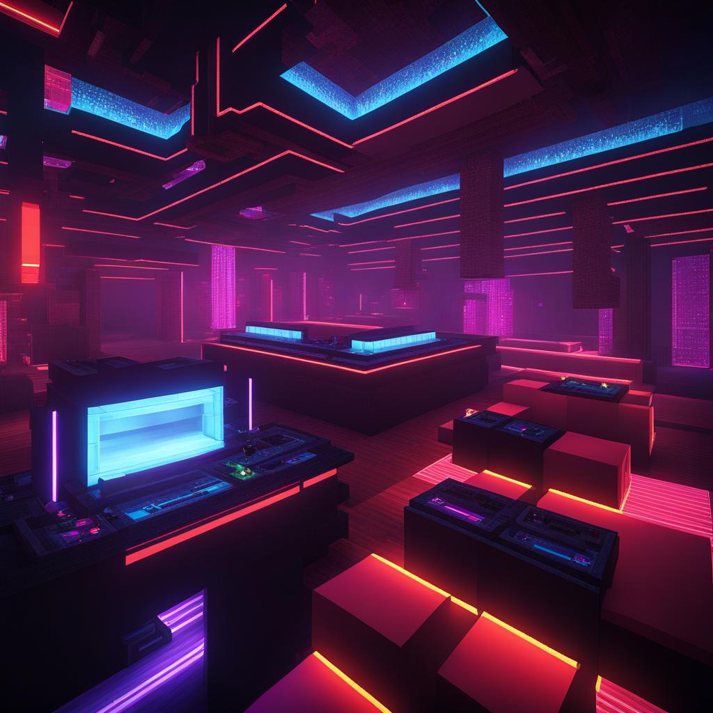 cyberpunk nightclub featuring holographic djs and neon lights - minecraft house design ideas minecraft block style