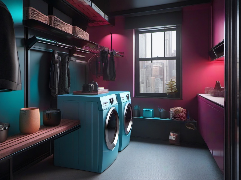 In the laundry room, cyberpunk interior design includes bright storage solutions, high-tech appliances, and an edgy color palette that makes chores feel more modern and stylish.  