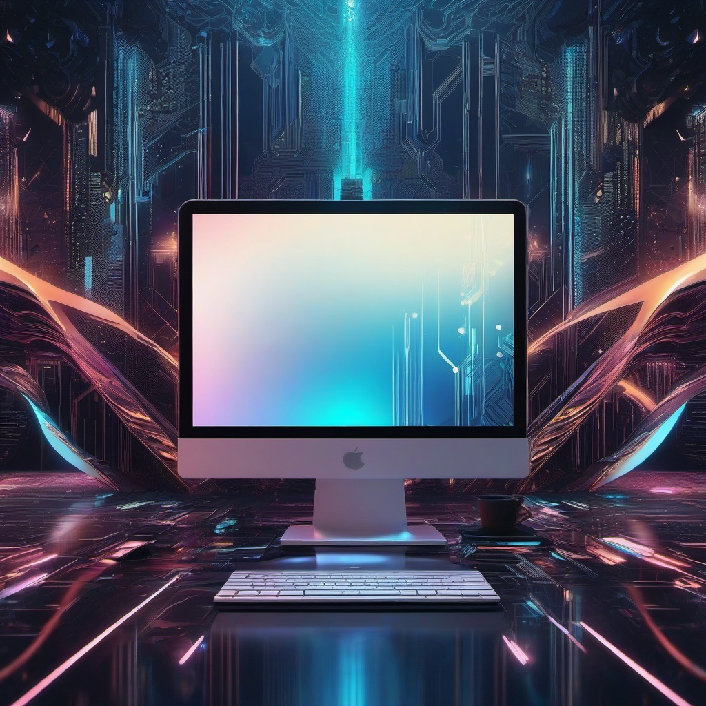 Aesthetic Wallpaper Laptop - Futuristic Digital Laptop Workspace  intricate patterns, splash art, wallpaper art