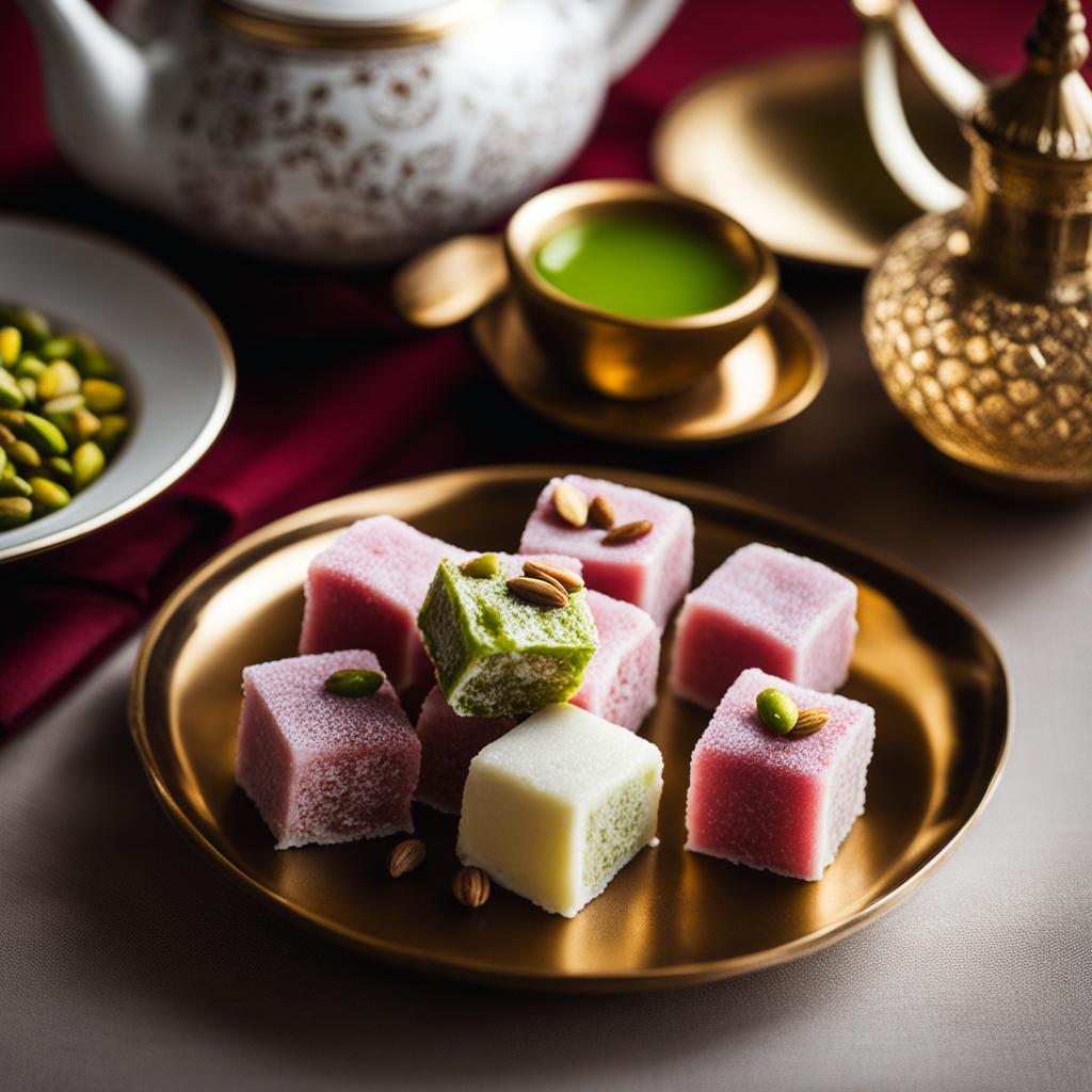 turkish delight with pistachios, a sweet confection, relished at a serene tea ceremony in istanbul. 