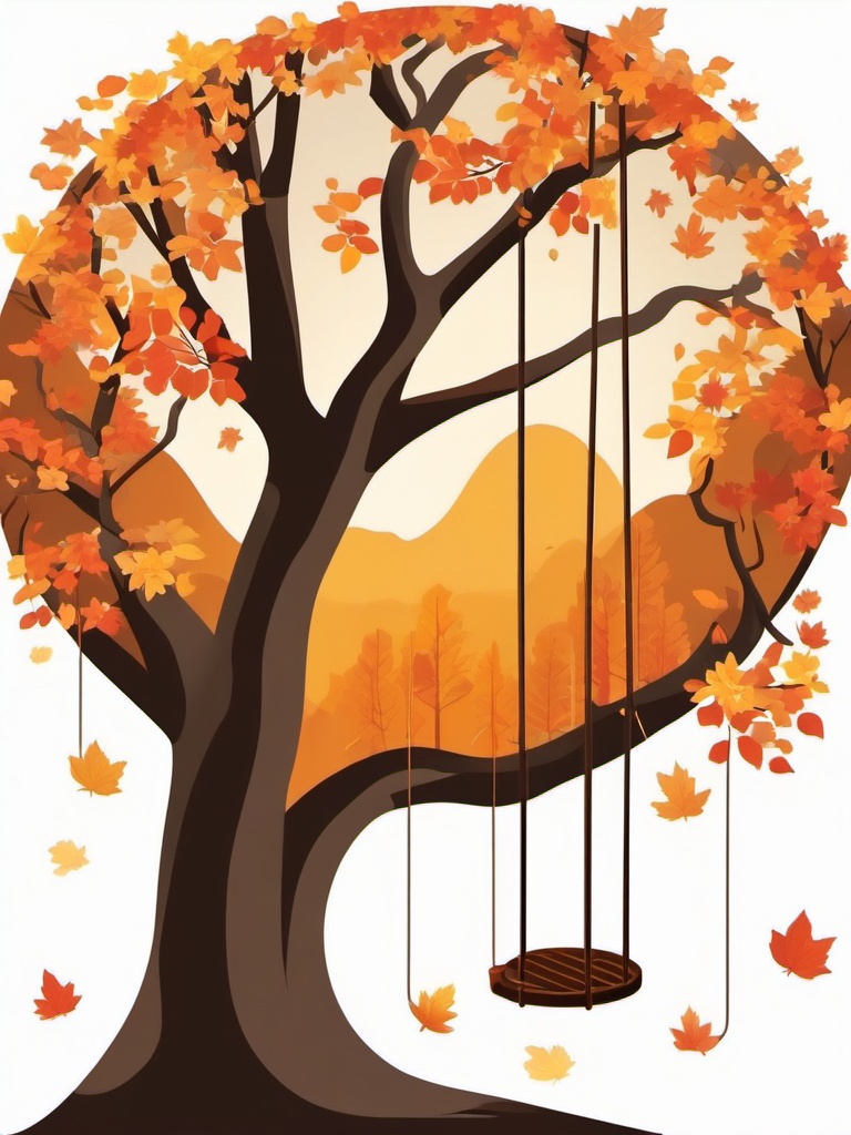 Tree with Swing in Autumn Sticker - Tree with a swing in an autumnal setting, ,vector color sticker art,minimal