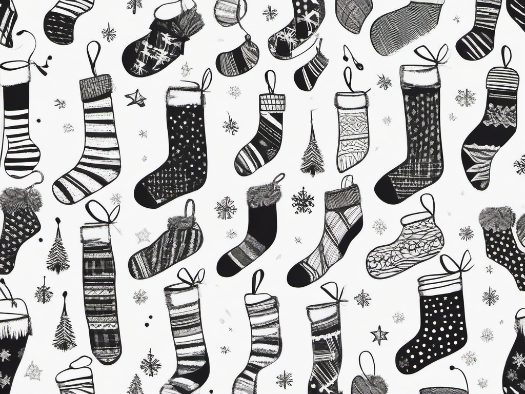 drawing of christmas stockings  minimal rough sketch scribbles,doodles,black and white