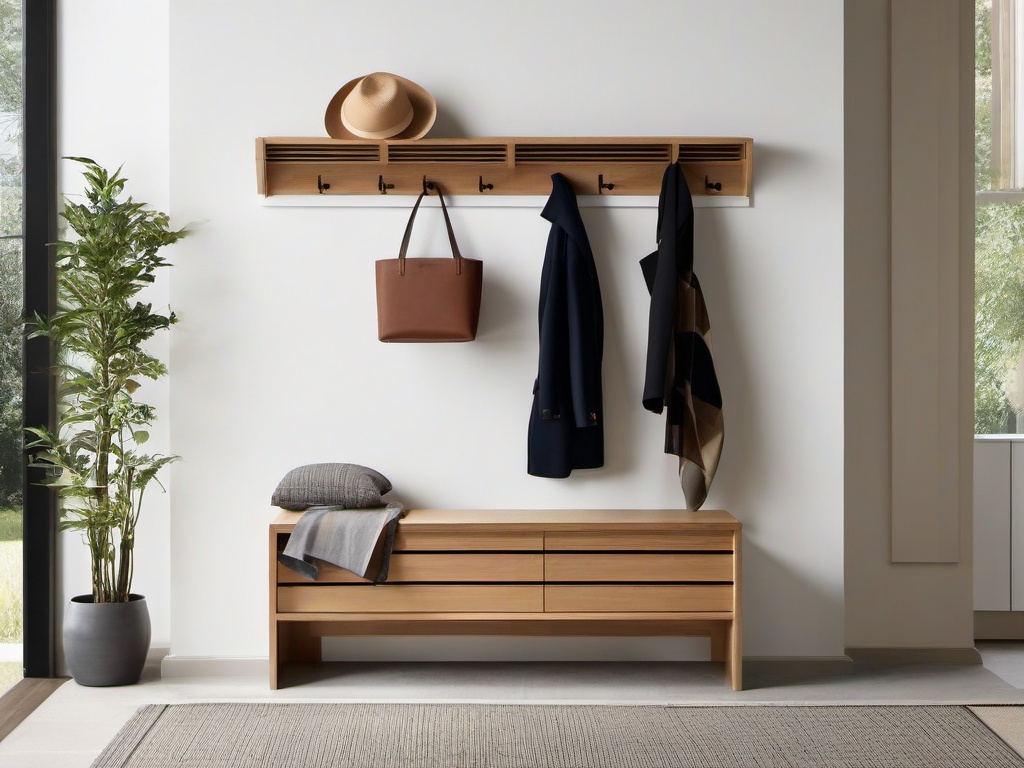 Bauhaus entryway features a geometric coat rack, a simple bench, and sleek storage solutions, emphasizing form and function in a clean and organized entry space.  