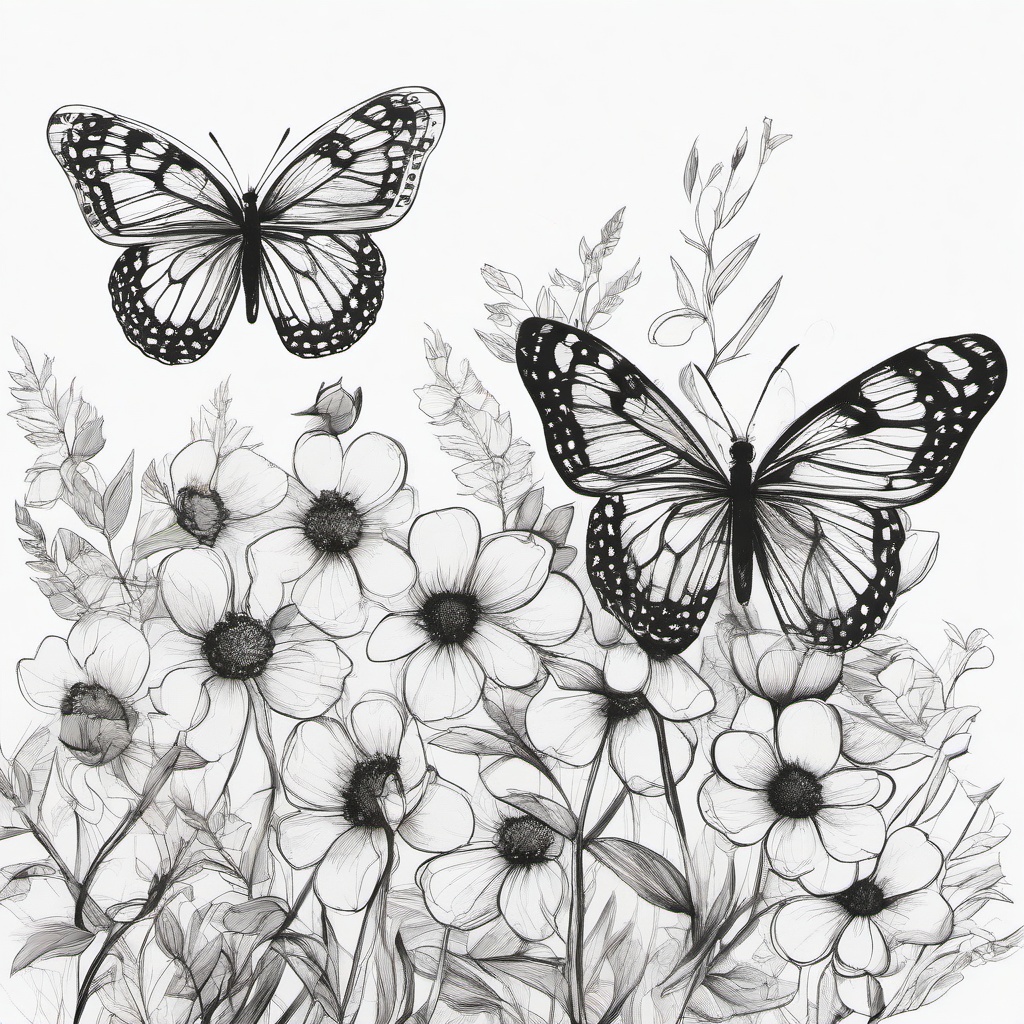 drawing of a butterfly with flowers  minimal rough sketch scribbles,doodles,black and white