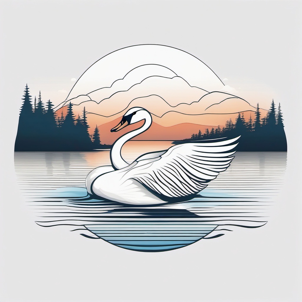 Swan Tattoo - Swan gliding gracefully on a serene lake  few color tattoo design, simple line art, design clean white background