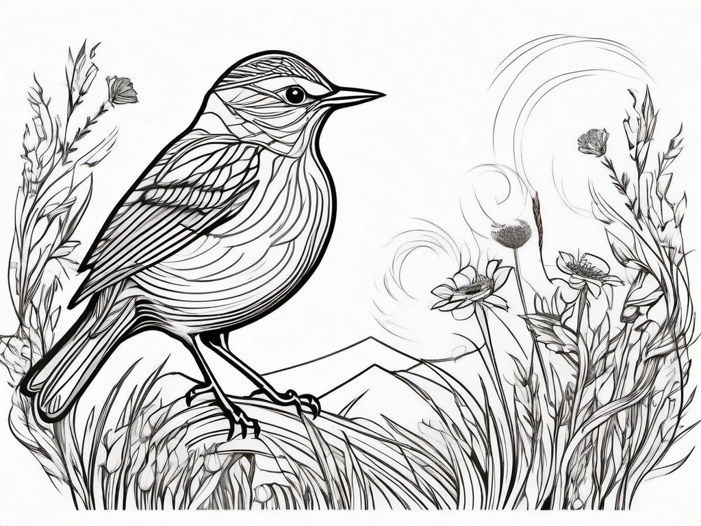 Lark Tattoo - Lark singing a melodious tune in the meadow  few color tattoo design, simple line art, design clean white background