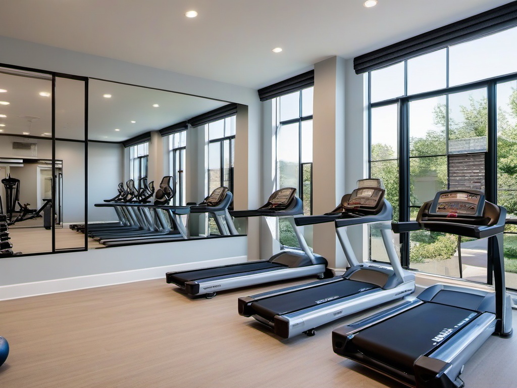 In the gym room, Hampton interior design includes soft colors, comfortable equipment, and natural light that enhance motivation during workouts while creating a calming environment.  