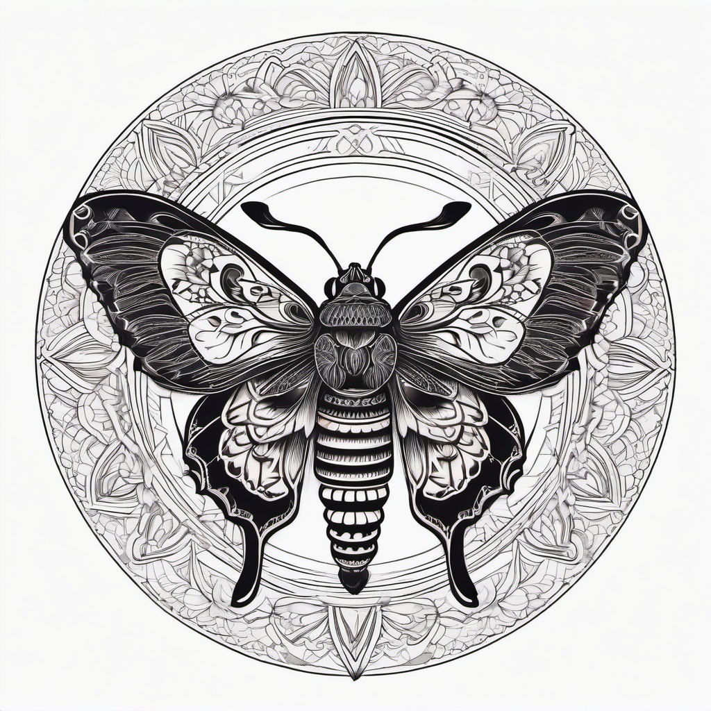 Death Moth Mandala Tattoo - Showcase intricate beauty with a tattoo featuring a Death moth integrated into a mandala design.  simple vector color tattoo, minimal, white background