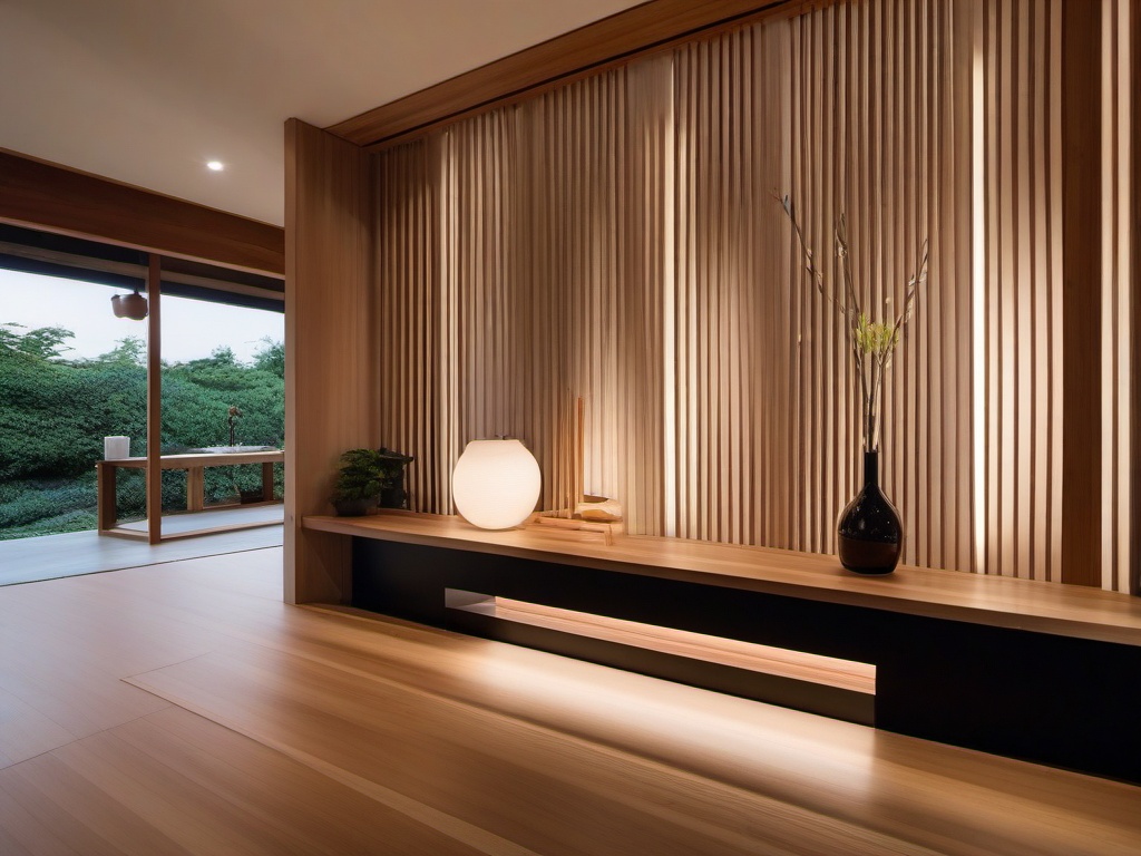 The foyer features Japanese Zen interior design with clean lines, natural wood accents, and subtle decor that invites guests into a peaceful and modern home.  