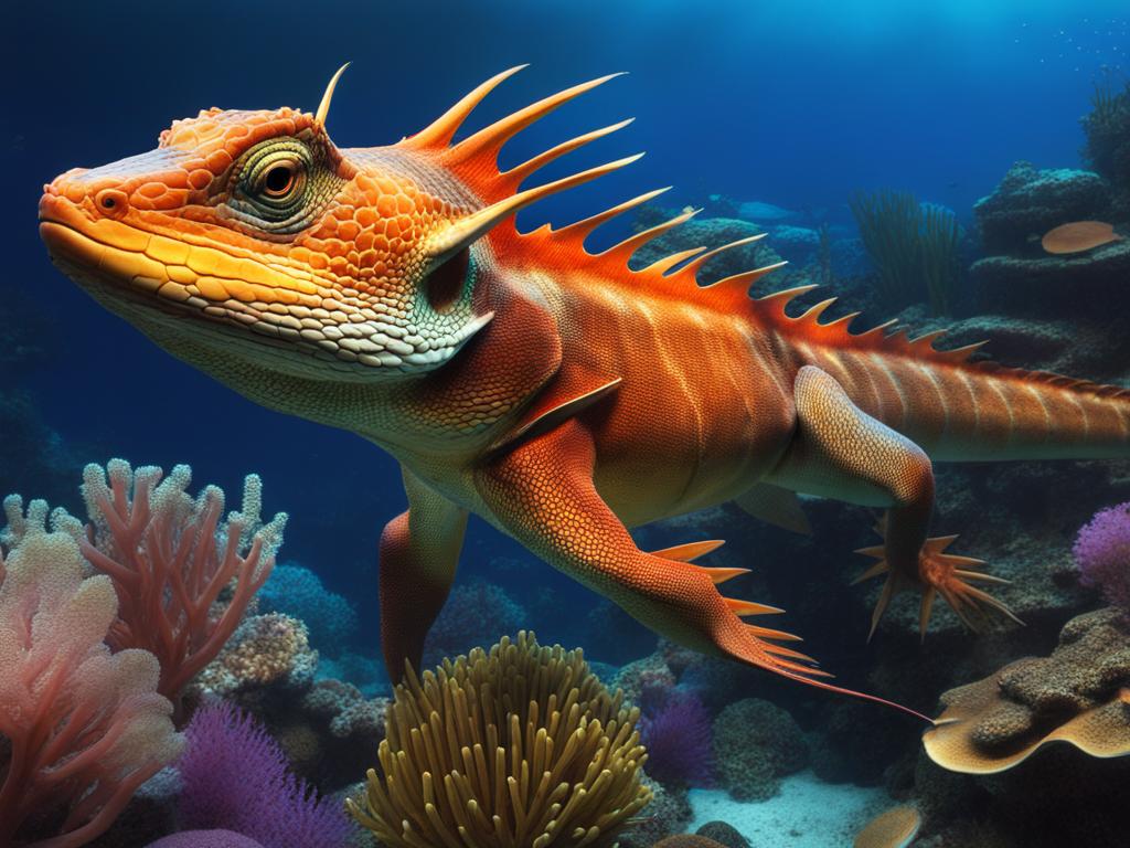 water dragon gliding through the depths of a tranquil coral reef, its elegant fins blending with the vibrant marine life. 