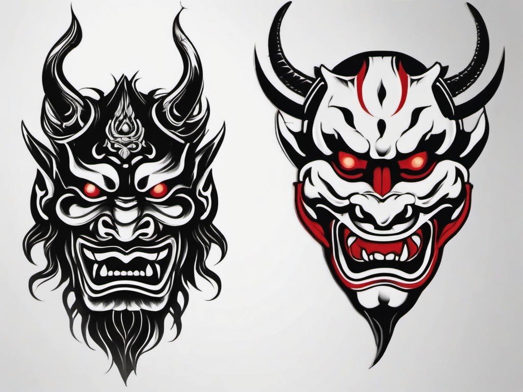 hannya and oni mask  simple color tattoo,white background,minimal